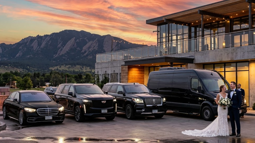 Newlyweds arriving in a luxury limousine at a Denver wedding venue